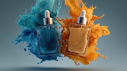 Two clear glass droppers, blue and amber, surrounded by vibrant splashes