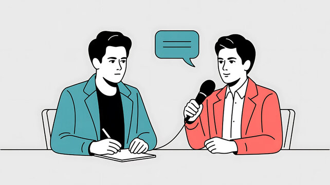 Two businessmen discuss during an interview with a chat bubble above