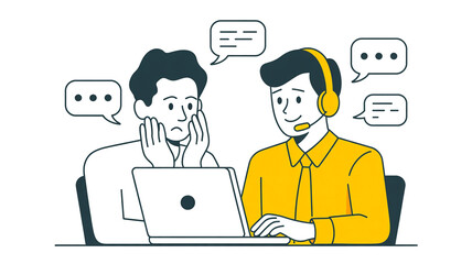 Fototapeta premium A frustrated customer service agent is comforted by a colleague using a laptop, man and woman with laptop