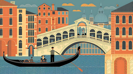 Venice Canal Scene Illustration, Warm Tones, with Gondola and Rialto Bridge, daytime