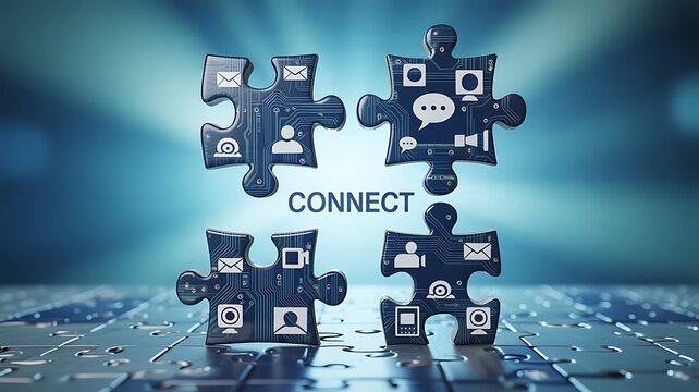 Technology puzzle pieces with communication icons connection