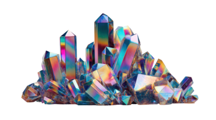 Vibrant rainbow crystal formations sparkling in the light. transparent background