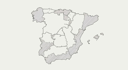 Detailed Outline Map of Spain Geographic Illustration with Autonomous Community Borders, Regions, Provinces, and Geography
