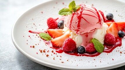 A delectable dessert featuring a scoop of pink ice cream, fresh strawberries, raspberries, blueberries, and a drizzle of raspberry sauce, garnished with mint leaves perfect for menus or food blogs,