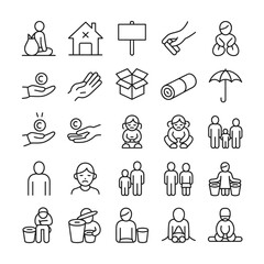Fototapeta premium Collection of Black and White Line Art Icons Depicting Poverty Homelessness Charity Donation and Family Concepts Including Figures of People Children Hands Coins Boxes