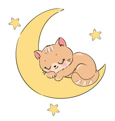 Cute sleeping kitten on crescent moon with stars, baby illustration for nursery hand drawn vector
