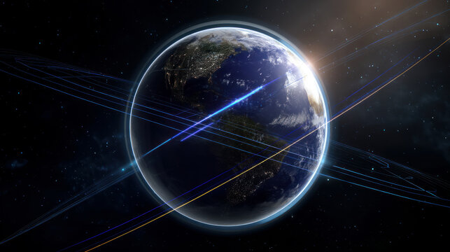 A space satellite with solar panels, rotating around the Earth against the background of the Sun. The concept of an alternative energy source, energy saving, careful attitude to our planet Earth - Powered by Adobe