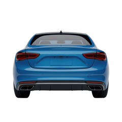 Rear view of a sleek blue luxury sedan with tinted taillights and dual exhaust pipes isolated transparent background