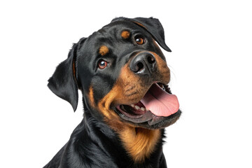 Obraz premium Studio portrait of a happy Rottweiler dog with tongue out on white background