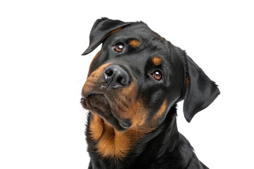 Fototapeta premium Portrait of a curious Rottweiler dog with head tilt in studio against white backdrop