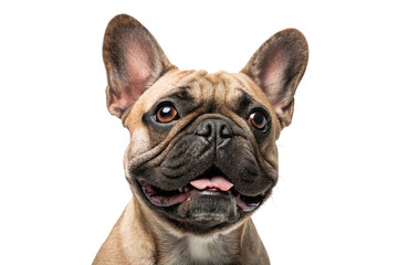 Fototapeta premium Close-up of a smiling French Bulldog with wide eyes and wrinkled face in studio