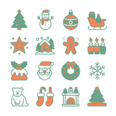Colorful Christmas Icons Set Featuring Santa Claus Snowman Christmas Tree Gingerbread Man Holly Pudding Wreath Candles Snowflake Polar Bear Stockings Fireplace and More