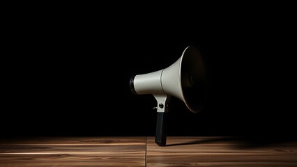 Vintage megaphone on wooden surface with dramatic lighting, evoking nostalgic and minimalist aesthetics.
