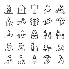Collection of thirty black outline icons depicting various aspects of homelessness poverty and charity including people sitting begging receiving aid shelter food water and