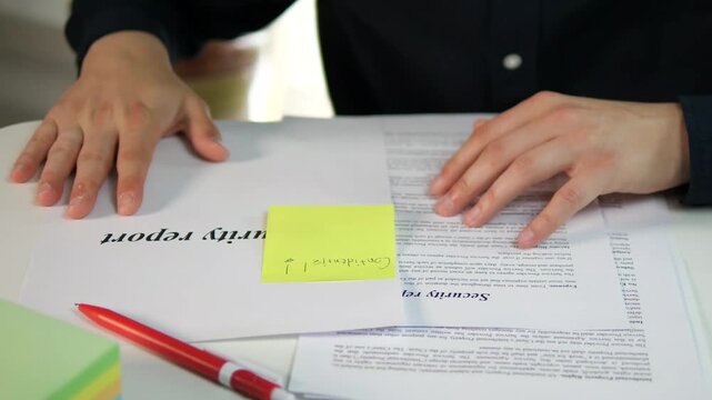 A security specialist examines a security report and the sticky notes attached to it. Confidential information, trade secrets and trademark protection - business protection and security, secrets.