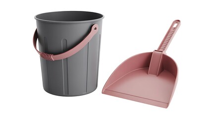 Modern grey bucket with pink handle and matching dustpan on white background