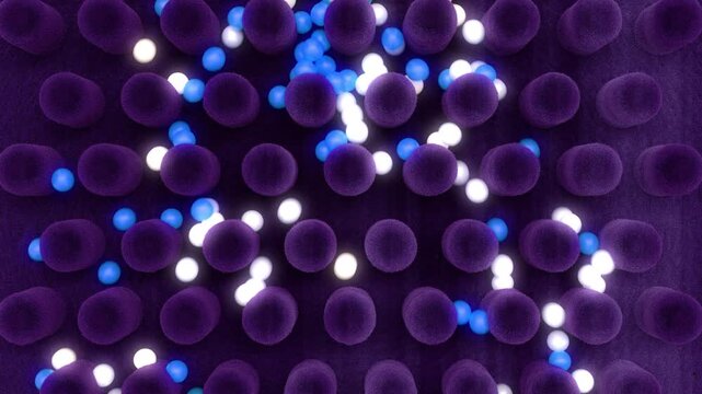 Glowing spheres descending from a cylindrical structure. 3D animation of light balls falling from a structure. Marble run with glowing spheres in motion