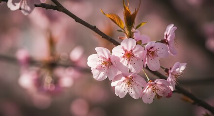 Obraz premium Delicate Pink Cherry Blossoms on Branch A Springtime Close-Up with Soft Focus