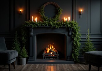 Dark Grey Fireplace with Christmas Decorations and Burning Fire