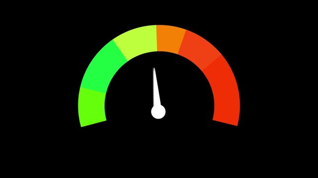 Colorful meter animation showing levels on dark backdrop. Animated neon gauge meter showing a measurement on a black background.