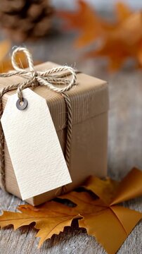 Autumn gift box unwrapping amidst falling leaves and rustic decor