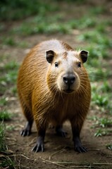 Close-up portrait of a cute capybara standing on ground in natural habitat