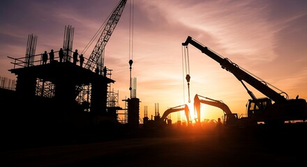Silhouette of construction site at sunset with workers and heavy equipment creates a dynamic skyline