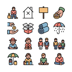 Colorful Vector Icons Depicting Homelessness Poverty and Charity Donation Aid Shelter Support for Refugees and Children in Need