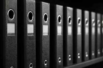 Close-up of black file folders on a shelf