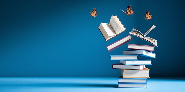 Stack of books with flying butterflies on blue background - Powered by Adobe