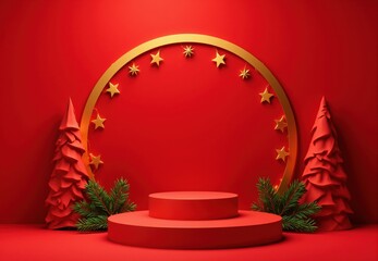 Red Cylindrical Display Stand with Christmas Trees and Gold Star Frame