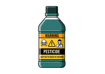 A pesticide bottle with warning symbols is displayed on a black background