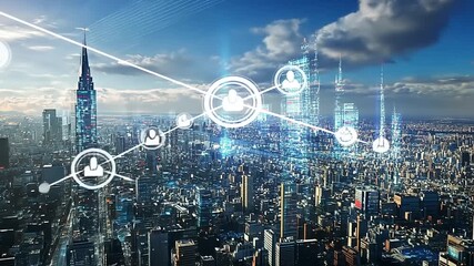 Futuristic city skyline with digital overlays showcasing technology and innovation in urban life - Powered by Adobe