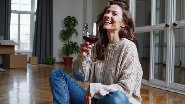 Woman sitting on the floor holding a glass of wine. Woman drinking wine indoors relaxed. A woman unpacks her clothes and boxes on the floor. A woman is seated on the ground with a glass of lifestyle.