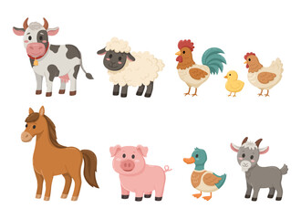 Obraz premium Domestic farm animals vector set. Cow, pig, horse, chicken, sheep, chick, rooster, goat, duck. Great for stickers, print, wallpaper, decor.