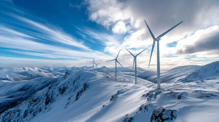 On a cold winter day, giant wind turbines standing on the snowy hillside with hiking paths on the slpoe and majestic alpine mountains under blue sky in background