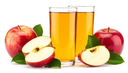 Two glasses of apple juice and apples on a white background