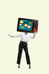 Conceptual collage with person head replaced by retro TV filled with social icons and red cursor. Concept of identity distortion, screen addiction, and media literacy education.