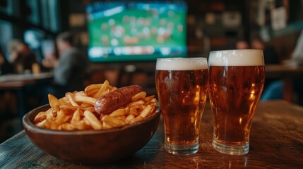 Close up of two pints and fries with sausage in a lively sports bar setting