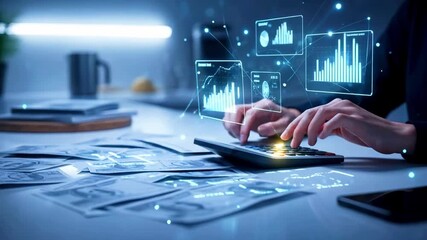 Person using a calculator on a desk covered with currency notes, digital graphs displayed in background - Powered by Adobe