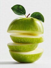 Layered Floating Green Apple Slices with Stem and Leaf, Minimal Cross-Section on White Studio Lighting, High-Detail Organic Food for Healthy Beverage Packaging