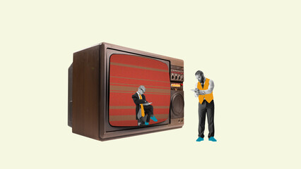 Collage of man studying reflection of himself inside digital screen. Concept of digital identity,...