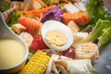 Close up capturing delectable salad featuring crisp croutons on rustic wooden table