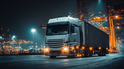 A large white semi-truck with a container trailer is parked at a brightly lit industrial port at night, with cranes and cargo in the background.