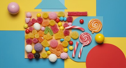 Fototapeta premium An overhead shot of colorful assortment of candies, lollipops, and gummy treats arranged on a vibrant geometric background of yellow, blue, and red.
