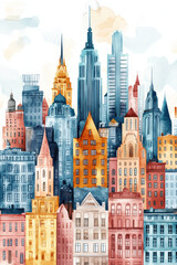 Fototapeta premium Watercolor painting of a vibrant city skyline showcasing diverse architectural styles.