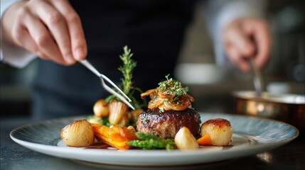 A gourmet dish featuring a seared steak topped with caramelized onions and herbs, accompanied by vegetables and carefully plated on a stylish ceramic plate.