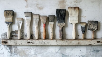 Collection of used paintbrushes, displaying a spectrum of sizes and styles, arranged neatly on a weathered wooden shelf against a textured, neutral wall, evoking artistic