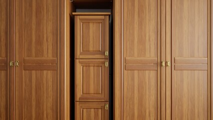 Fototapeta premium Warm wooden wardrobe with symmetrical design featuring smooth surfaces and subtle brass handles.