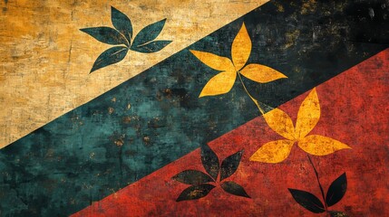 Abstract botanical pattern with grungy textures and diagonal color division